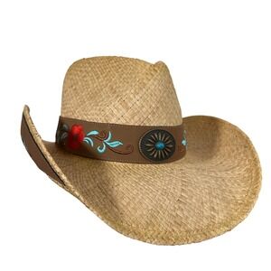 Western Boho Tea Stained Straw Cowboy Hat Floral Embroidery Concho UPF 50+ OSFA